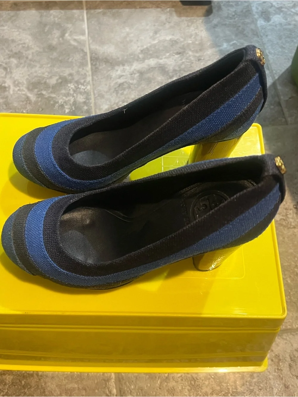 Tory Burch Blue and Black Striped Block Heel Pumps with Gold Logo